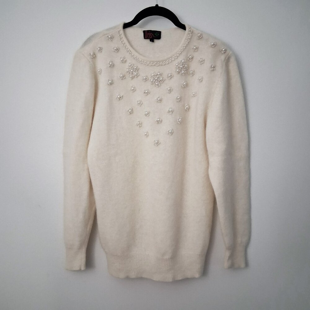 Vintage Ivory Pearl Beaded Sweater, Lambswool Angora Blend